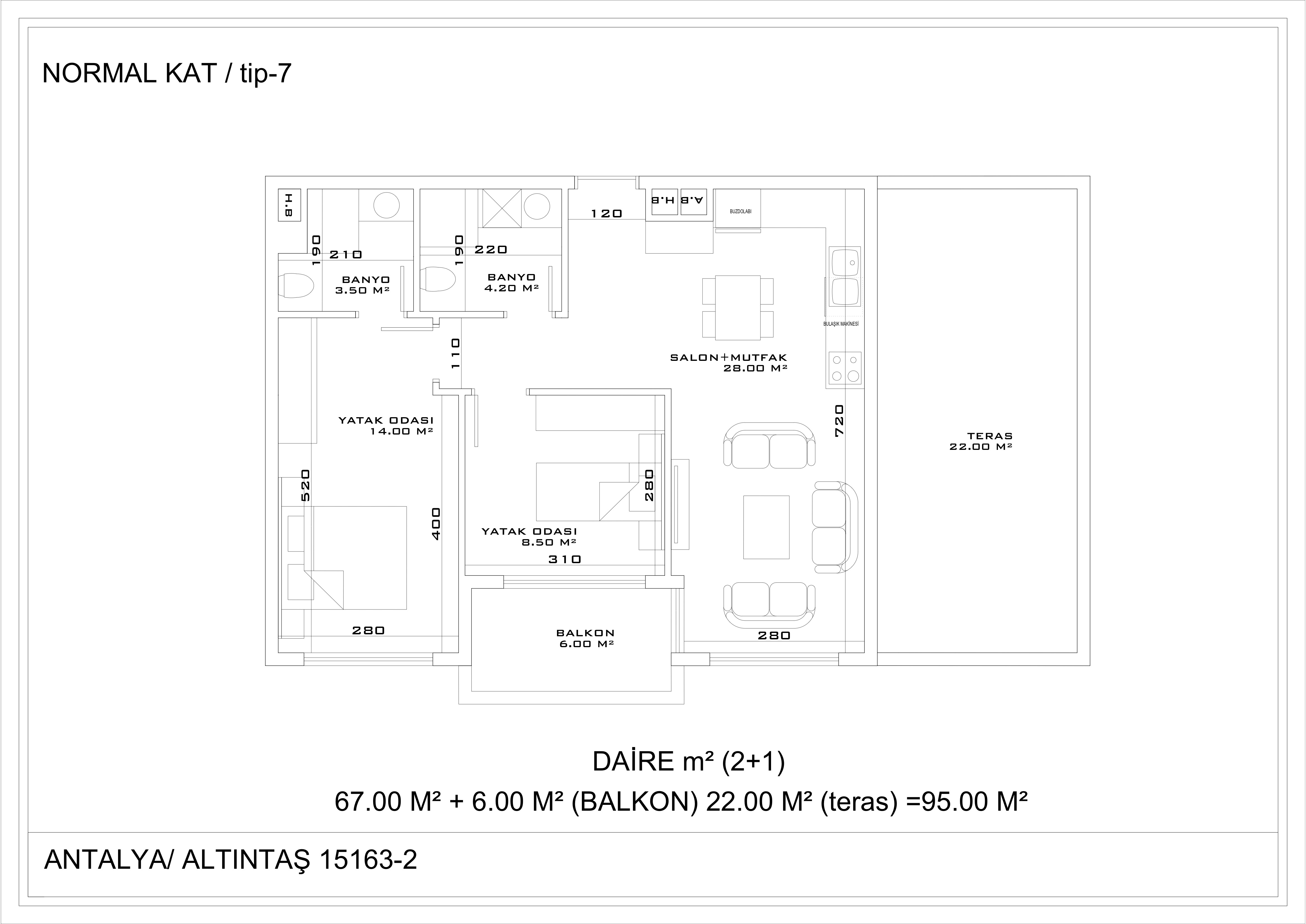 2 комнатная квартира в Анталии, жил.пл. 95м2, общая с террасой - 130м2